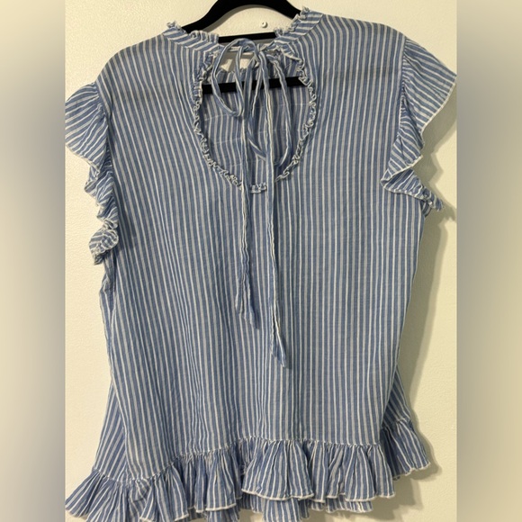 Anthropologie Blue and White Striped ruffle smocked blouse - Picture 2 of 7